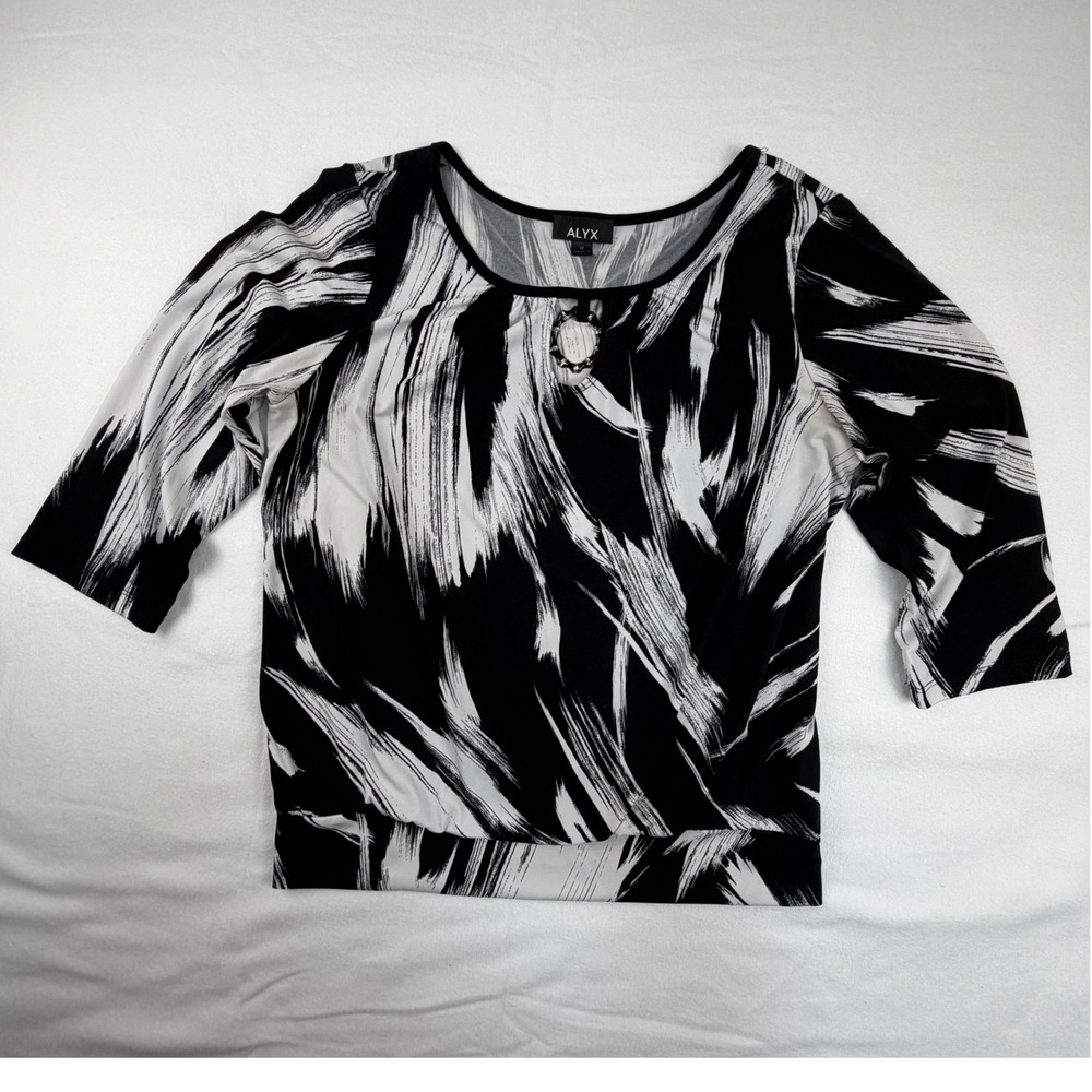 Alyx Women Black White Abstract Brushstroke 3/4 Sleeve Blouse Size M Ring Detail